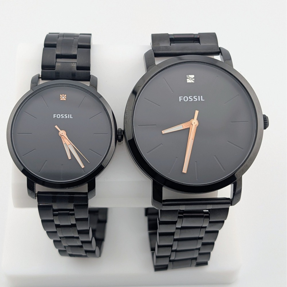 Fossil BQ2399 His & Hers Matching Watch Set Black Rose Gold Crystal 34/44mm